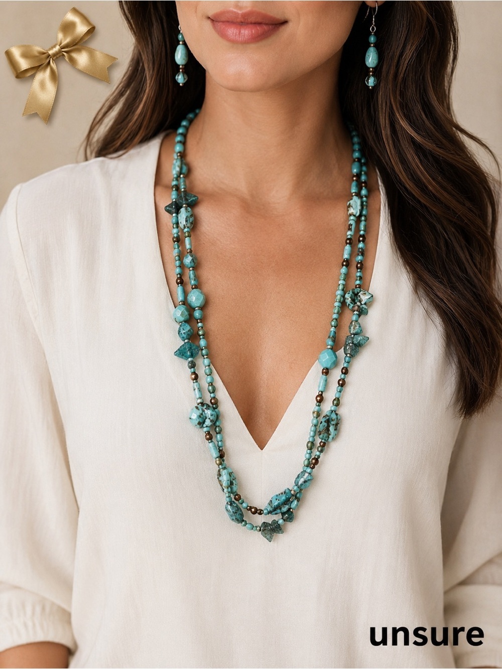 Faux Turquoise Beaded 44 “ Necklace & Dangle Earrings Set Brown Accent Beads